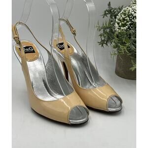 DOLCE & GABBANA D&G Patent Leather Beige Sling Back Heels Sz‎ 36.5/6 US Peep Toe
